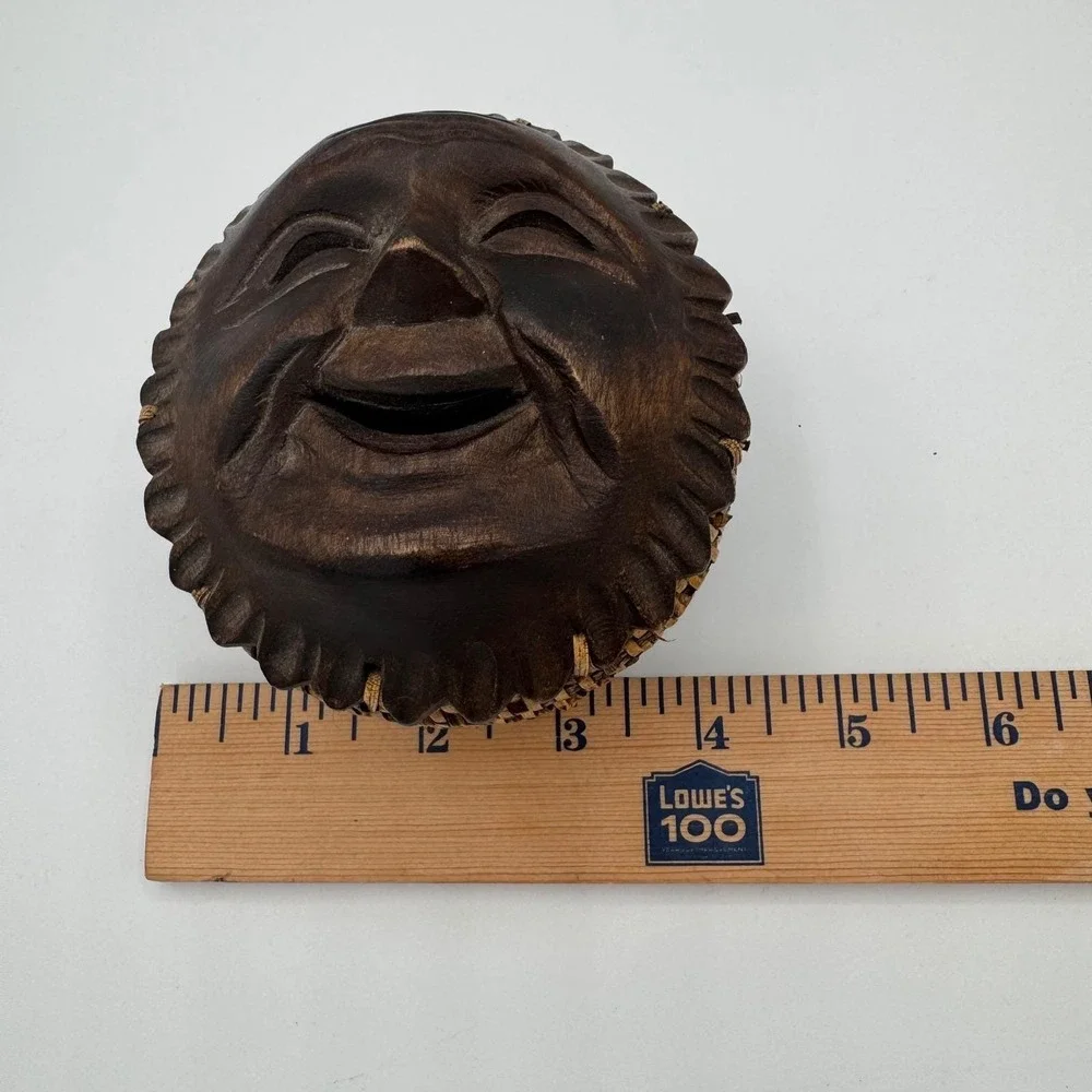 Vintage Hand Carved Wood Sun Face Trinket Box Woven Wicker Philippines Boho